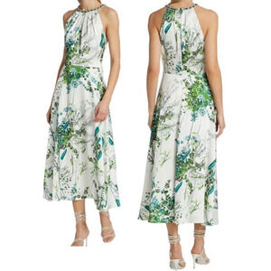 NWT TERI JON by Rickie Freeman Embellished Halter Midi Dress White Green US 14
